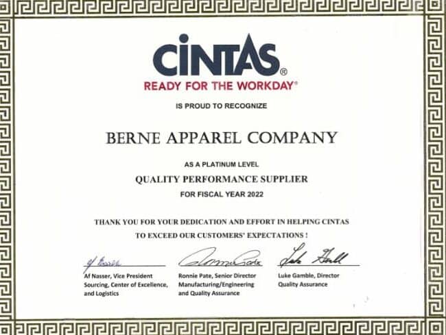 Berne Apparel receives Cintas Quality Performance Supplier Award for the fourth time